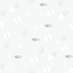 Vector graphics - seamless monochrome pattern with pills, pills and capsules scattered on a light background. Concept - pharmacy packaging paper and prescription statement