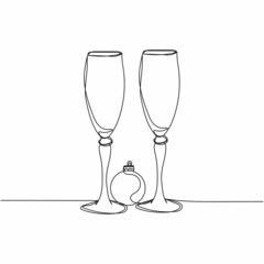 Vector continuous one single line drawing icon of glasses of champagne with christmas ball bauble in silhouette on a white background. Linear stylized.