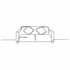 Vector continuous one single line drawing icon of sofa and pillows furniture in silhouette on a white background. Linear stylized.