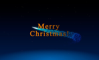Merry Christmas orange Text and a bright blue comet of glowing sparks