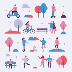 Concept of young people walking, running and jumping in the park. Stylish modern vector illustration card with happy male and female teenagers