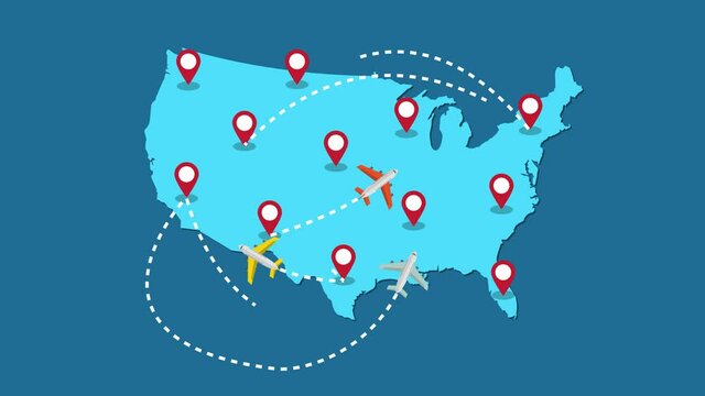 Planes routes flying over United States map, tourism and travel concept, Graphic animation