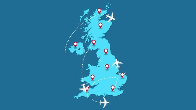 Planes routes flying over United Kingdom map, tourism and travel concept, Graphic animation