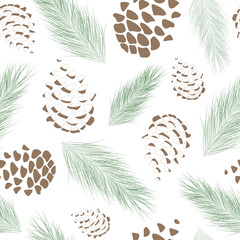 Naklejka premium Pattern graphic pine branches with cones, seamless picture.