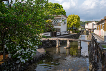 Fototapeta na wymiar 日田市豆田町の運河と石橋