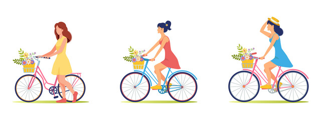 Beautiful girls in summer clothes, dresses ride bicycle with a basket of flowers. Summer walk, travel. Flowers, bicycle, sundress, hat. Girl is cyclist. Cute illustration in flat style	