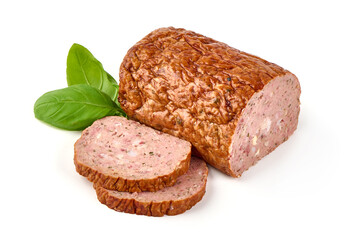 Baked meatloaf, minced meat roll, isolated on white background.