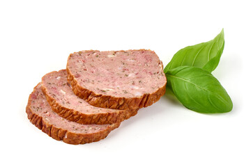 Baked meatloaf slices, isolated on white background.