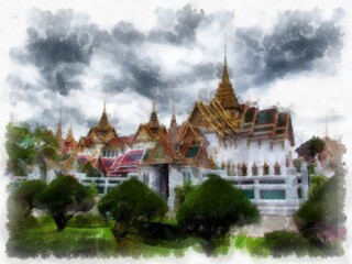 Fototapeta na wymiar Bangkok Grand Palace watercolor style illustration impressionist painting.