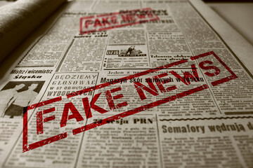 Cachet Fake News rouge sur un Journal  - obrazy, fototapety, plakaty