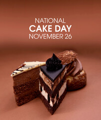 National Cake Day stock images. Different types of chocolate cakes on a brown background stock photo. Cake Day Poster, November 26. Important day