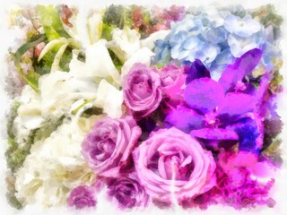 bouquet of flowers purple white blue watercolor style illustration impressionist painting.
