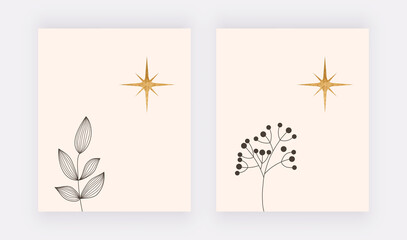 Mid century wall art prints with black lines leaves and golden star