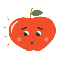 Cute and funny red apple with ashamed face expression. Organic healthy food showing emotion. Shy kawaii doodle character. Hand drawn fruit vector illustration