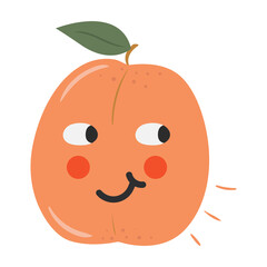 Cute and funny peach with happy face expression. Organic healthy food showing emotion. Kawaii doodle character smiling. Hand drawn fruit vector illustration