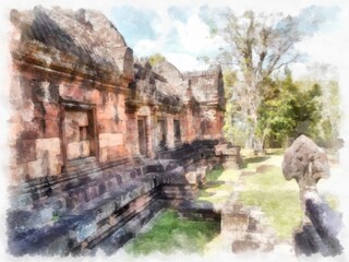 Fototapeta premium Ancient architecture of Thailand watercolor style illustration impressionist painting.