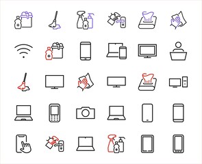 SMART devices and gadgets linear icons set, vector, contains icons computer, camera, laptop, phone, web devices, electronic appliances, and much more. Editable stroke