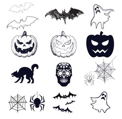 Halloween design elements, pumpkin, bat, jack o lantern, spider, ghost, hand drawn