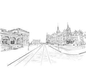 Dresden Picture Gallery and Dresden Castle. Dresden. Germany. Hand drawn sketch. Urban sketch. Vector illustration.