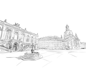 Church of Frauenkirche. Bruhl's terrace. Academy of Fine Arts. Palace of Culture. Dresden. Germany. Hand drawn sketch. Urban sketch. Vector illustration. 