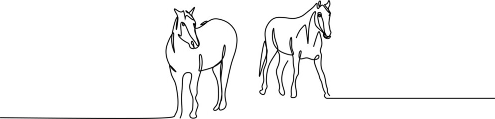 continuous drawing with one line of the silhouette of two horses