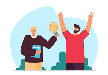 Businessman giving new idea to happy man. Person holding bright light bulb in hand flat vector illustration. Business incubator, project, success concept for banner, website design or landing web page