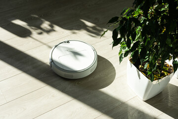 Robot vacuum cleaner performs automatic cleaning of the apartment at a certain time. Smart home
