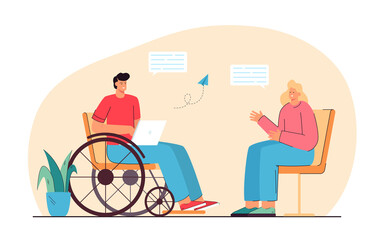 Man with disability communicating with woman online. Person sitting in wheelchair flat vector illustration. Communication in social media concept for banner, website design or landing web page