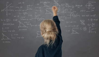 Schoolgirl writes on the blackboard formulas and mathematical equations