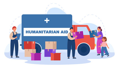 Volunteers giving boxes with humanitarian aid to poor people. Male characters standing with help boxes near van flat vector illustration. Charity foundation, donation of food and clothes concept