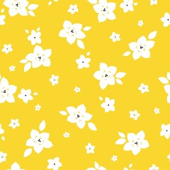 Seamless floral pattern. Fashionable background of wonderful white flowers and leaves. flowers scattered on a yellow background. Stock vector for printing on surfaces and web design.