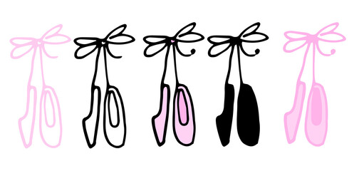 a set of pink women's ballet shoes on a ribbon with a pink bow in a flat style. Isolated collection of children's pointe shoes tied with a bow, hand-drawn in the style of doodles black outline and sil