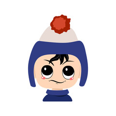 Fototapeta premium Baby with emotions of suspicious, displeased eyes in blue hat with pompom. Kid with annoyed expression in autumnal or winter headdress