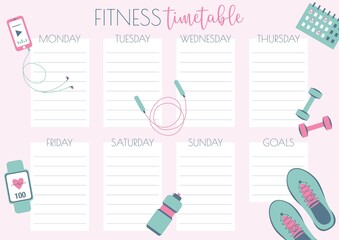 Fitness timetable. Weekly schedule template with shoes, weights, player, bottle, jump rope. Gym planner. Vector illustration. Notes, to do list. Vector illustration. Healthy lifestyle. Flat design.