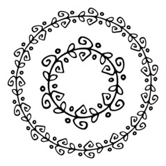 a wreath made of a pattern of dots and spirals. a set drawn in the style of doodles, a round template of small curls with a dot, with an empty space inside for text, an isolated black line on a white 