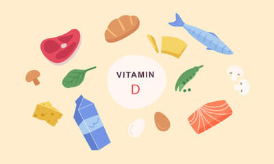 Vitamin D sources. Food enriched with cholecalciferol.Fish, milk, bread, salmon, meat, butter, eggs,cheese.Nutrition, organic food.Vector illustration cartoon flat style.