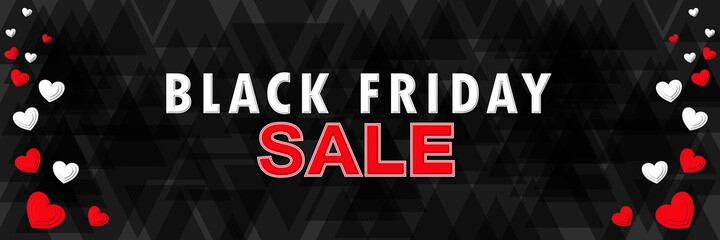 Banner for the site black friday with hearts. Black poster with white letters.