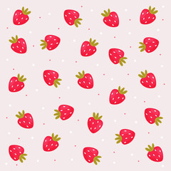Strawberry seamless vector pattern, fruit pattern, on a light pink background.