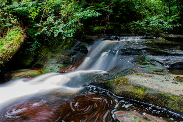 red swirley waterfall in the forest