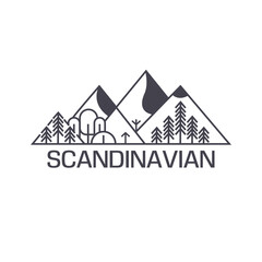 The Scandinavian logo. Scandinavian landscape in flat style. Green mountains, northern nature, forests and fir trees