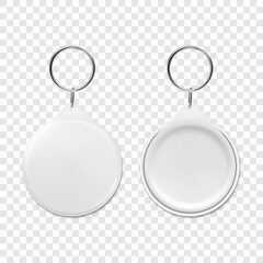 Vector 3d Realistic Blank Round Keychain with Ring and Chain for Key Isolated. Button Badge with Ring. Plastic, Metal ID Badge with Chains Key Holder, Design Template, Mockup