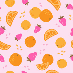 Vector decorative seamless pattern of different fruits. Strawberries and oranges background. Textile pattern. Food background.