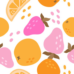 Vector decorative seamless pattern of different fruits. Strawberries and oranges background. Textile pattern. Food background.