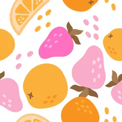 Meubelstickers Vector decorative seamless pattern of different fruits. Strawberries and oranges background. Textile pattern. Food background. © Xeniia_arts