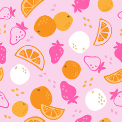 Vector decorative seamless pattern of different fruits. Strawberries and oranges background. Textile pattern. Food background.