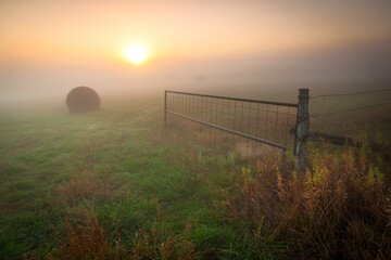 Grassy field with hay bale at sunrise with morning ground fog