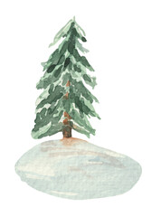 Watercolor Christmas tree in a snowdrift - on a white background. As a symbol of the New Year