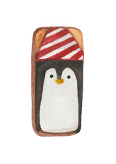 Watercolor Christmas cookies. Element on a white background for design compositions on the theme of New Year's holidays. The frosting contains an image of a funny penguin in a hat.