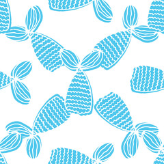 Vector seamless pattern of mermaid tails with scale texture. a pattern of hand-drawn doodle style, white outline and blue-colored tail of a sea creature on a white background for a design template