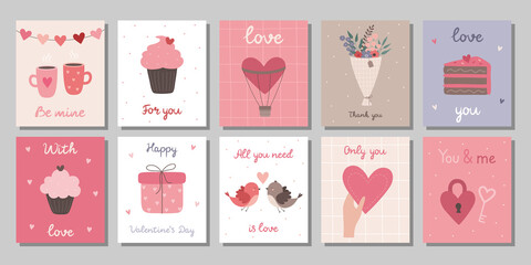 Fototapeta na wymiar A set of Valentine's Day cards. Love elements: pair of mugs, cupcake, balloon heart, bouquet of flowers, piece of cake, gift, couple of birds, hand holding a heart, lock and a key. Vector illustration